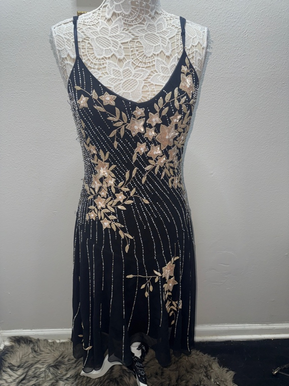 JKARA NEW YORK Black Midi Slip Dress with Gold Floral Sequin Embroidery